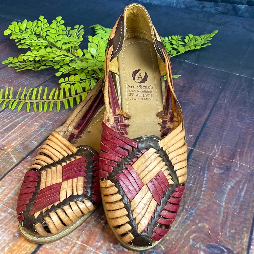 Woven Leather Huarache Sandals — Tan & Burgundy